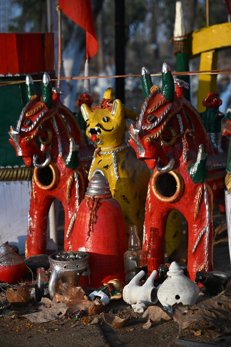 Chevaux en terre cuite au cimetière de la tribu Rathwa lors d’un circuit au Gujarat.