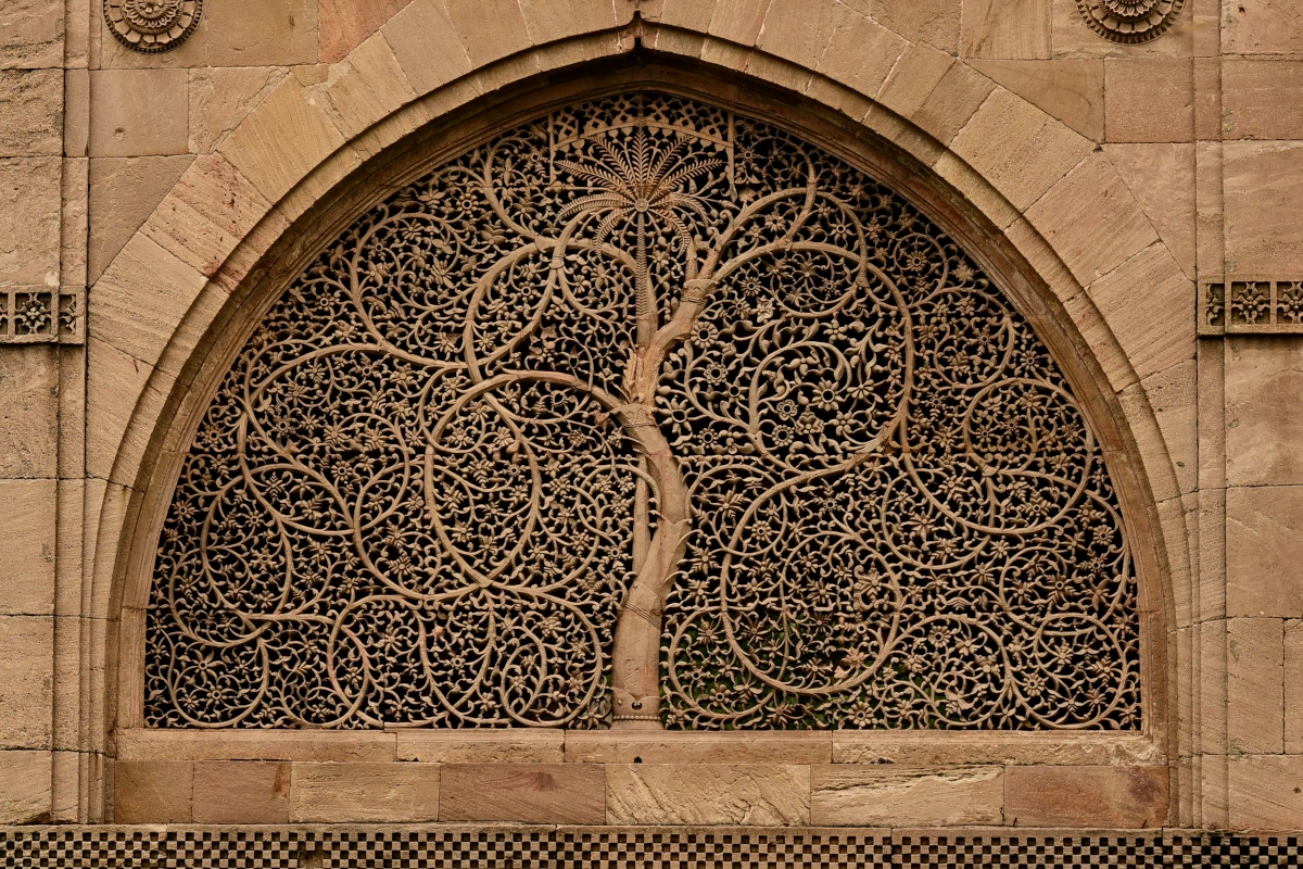 Détail de la fenêtre en pierre finement sculptée « Arbre de Vie » à la mosquée Sidi Saiyyed, Ahmedabad, Gujarat. 